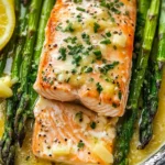 Baked Salmon with Asparagus & Lemon Garlic Sauce recipe