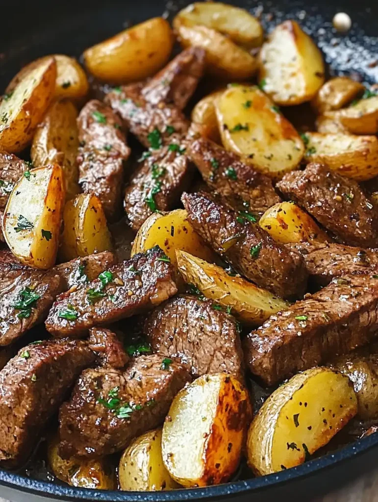 Filete con mantequilla de ajo y patatas en sartén