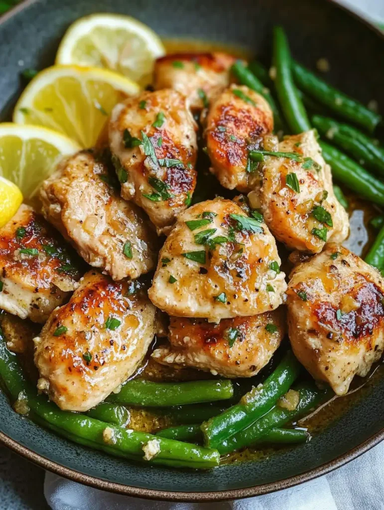 Pollo con mantequilla de ajo y limón y judías verdes en sartén