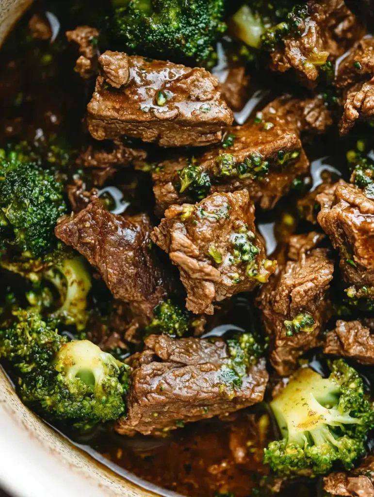 Carne de res y brócoli en olla de cocción lenta
