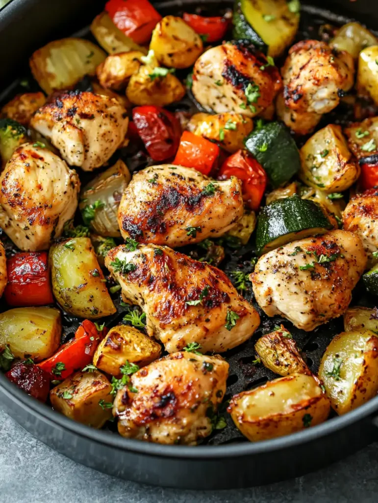 Pollo y verduras en freidora de aire