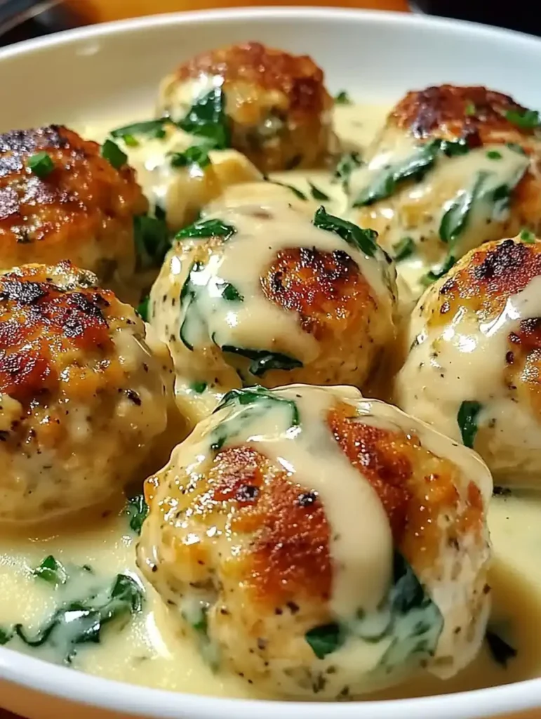 Albóndigas de pollo con ricotta y salsa Alfredo de espinacas