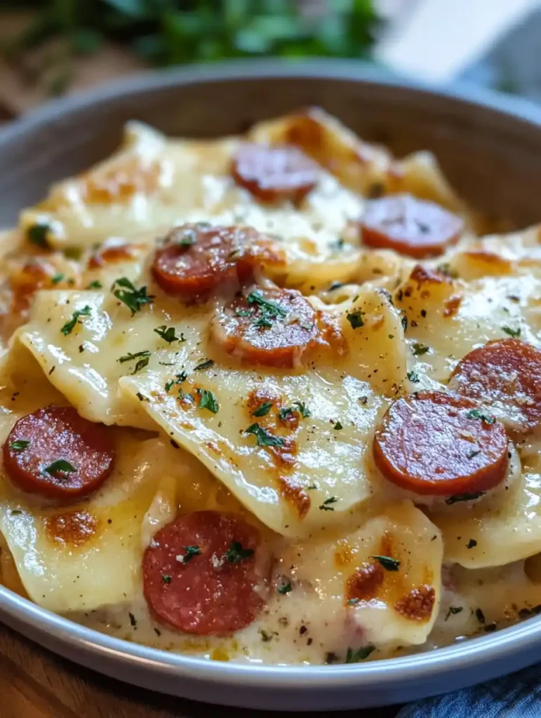 Cazuela de pierogi con salchicha de res en olla de cocción lenta