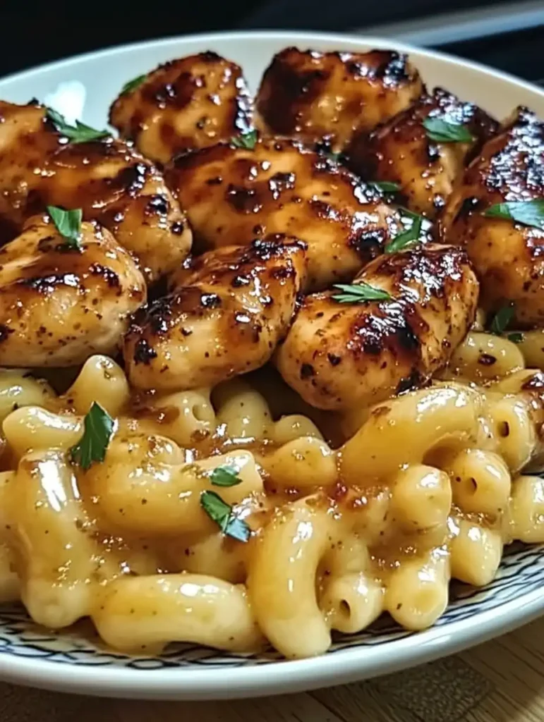 Pollo con miel y pimienta agridulce con macarrones con queso cremoso