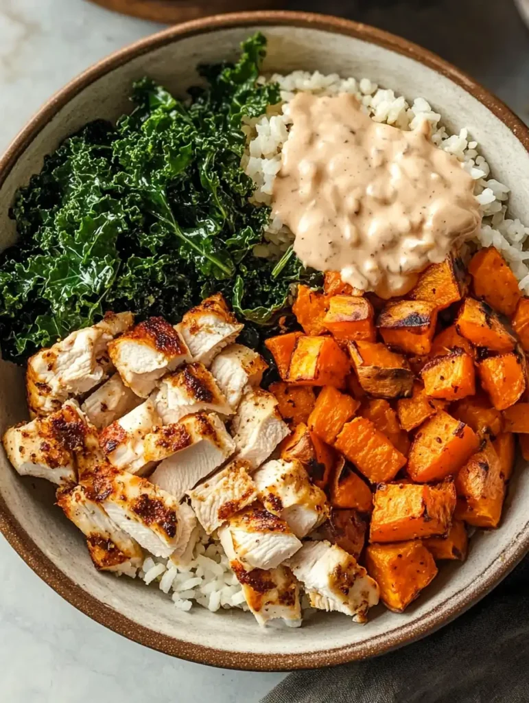 Tazones de pollo asado, batata y col rizada