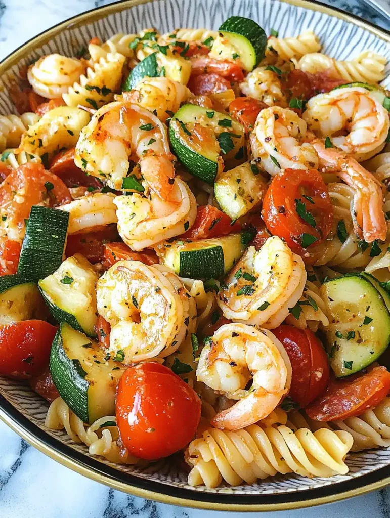 Pasta con tomate, calabacín y camarones