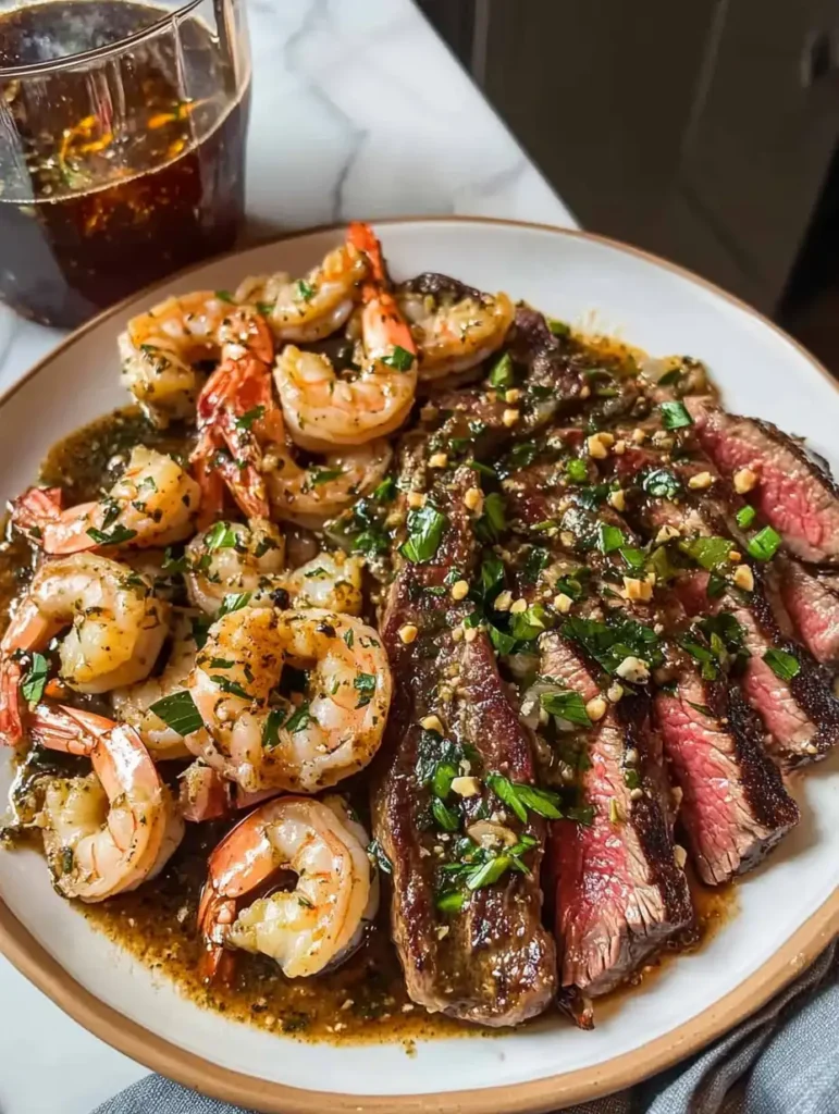 Filete de costilla con mantequilla de ajo y camarones