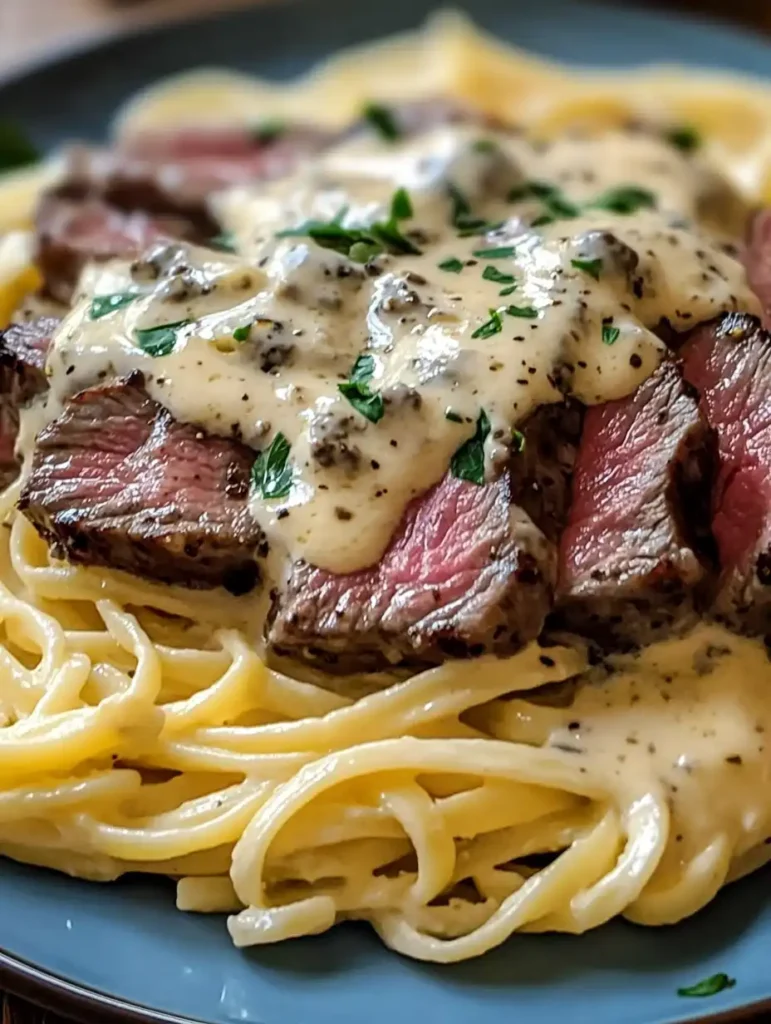 Filete sabroso de gorgonzola Alfredo con salsa cremosa de parmesano