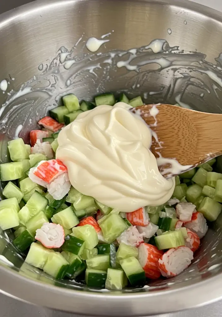 mixing California roll cucumber salad