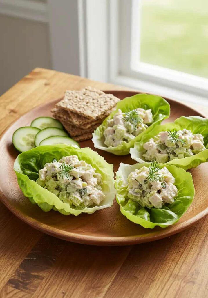 Dill pickle chicken salad in lettuce wraps