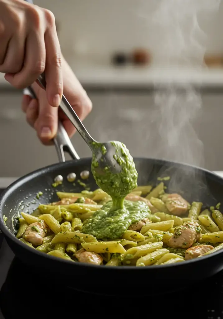 Stirring chicken and pasta into creamy pesto sauce