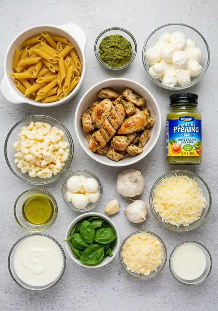 Ingredients for one pan creamy chicken pesto pasta bake