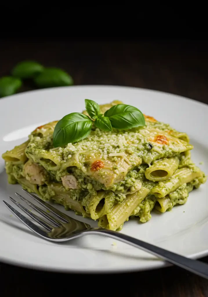 Serving of creamy chicken pesto pasta bake with basil