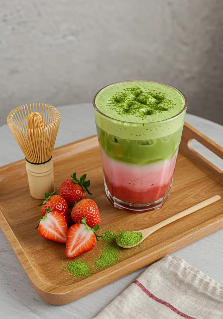 Matcha latte with strawberry syrup in clear glass
