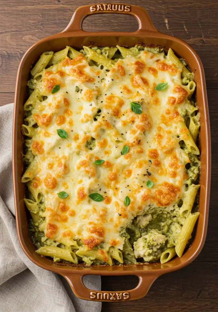 One pan creamy chicken pesto pasta bake in rustic dish