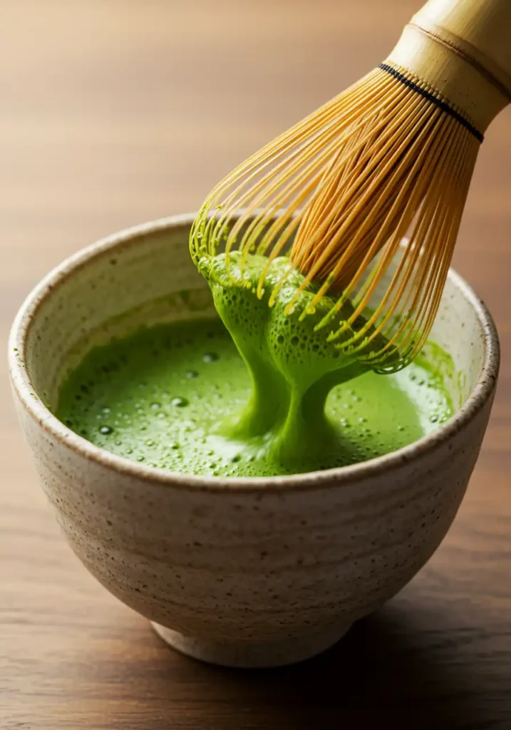 Whisking matcha for strawberry matcha latte